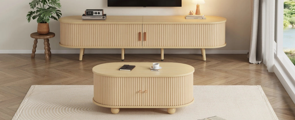 Set mobile TV e tavolino da salotto IVMEU, 170 e 100 cm, con cassetti e vani aperti, MDF color noce chiaro