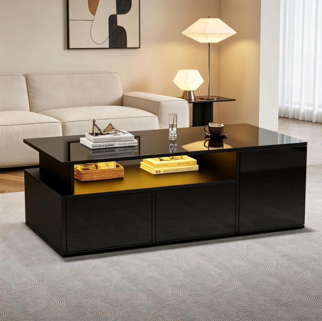 Tavolino da caffè LED 100x50x35 cm nero in truciolato, 2 cassetti, contenitore