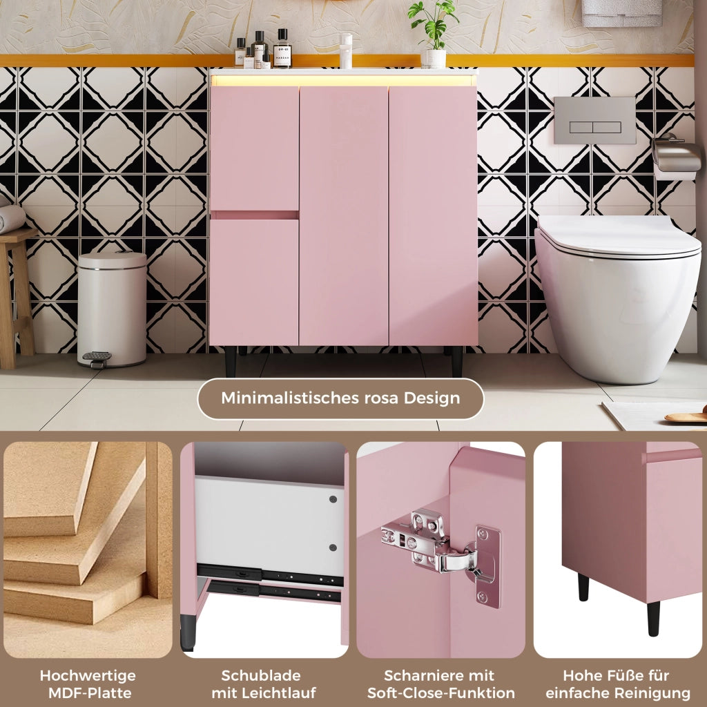 Mobile bagno freestanding rosa con lavabo e luce LED, 76×47×89 cm