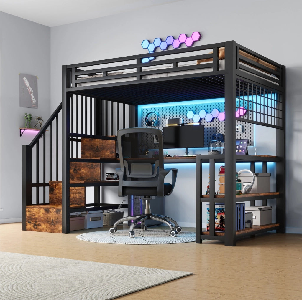 Letto a Castello 90x200 cm con Struttura in Ferro, Mensola, Rete Appendibile, Striscia LED, Scrivania, Scale con Spazio di Stoccaggio, 2 Porte USB e 1 Porta Tipo-C, Nero, Senza Materasso