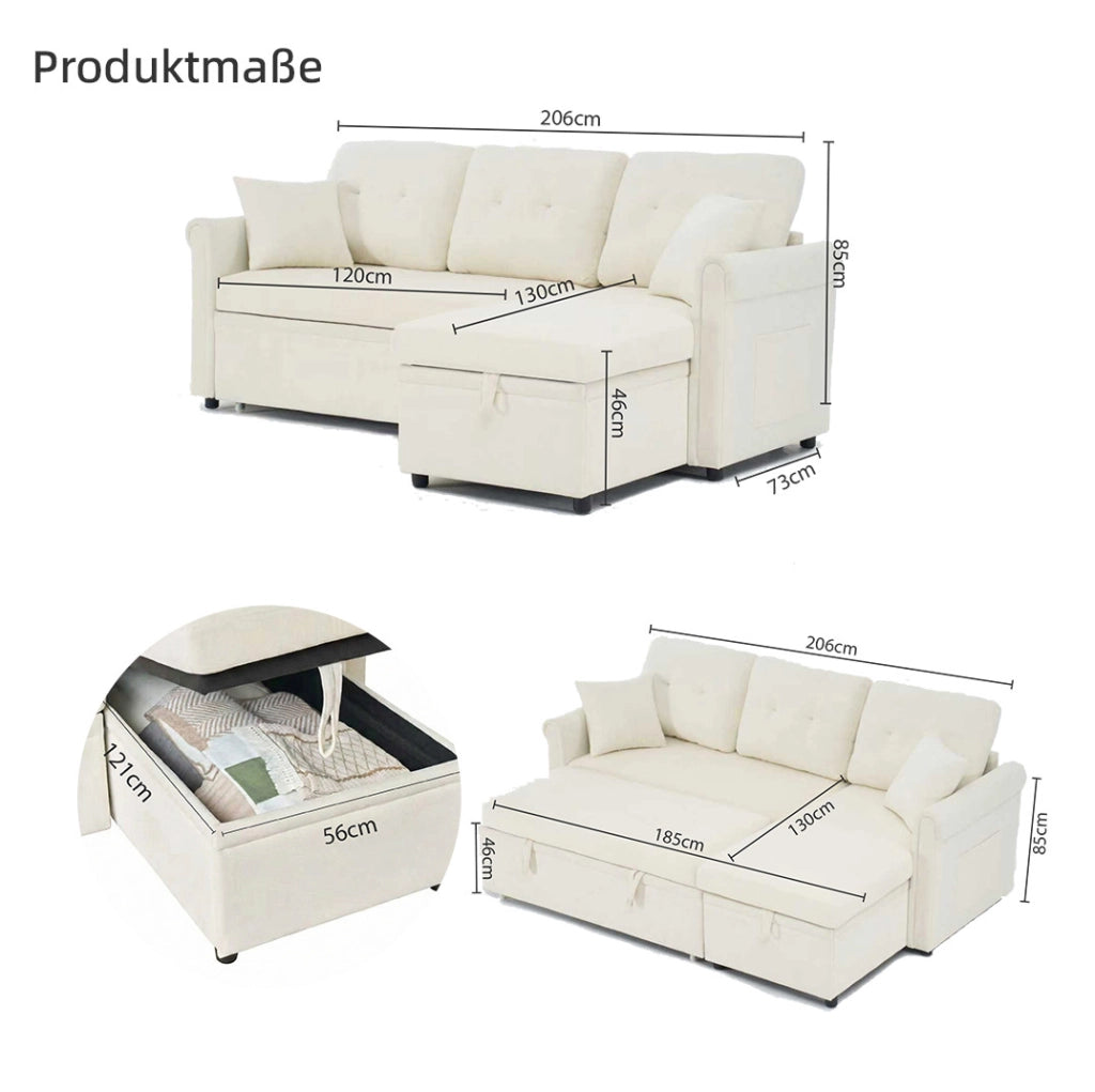 Divano angolare beige in ciniglia con letto e vano contenitore