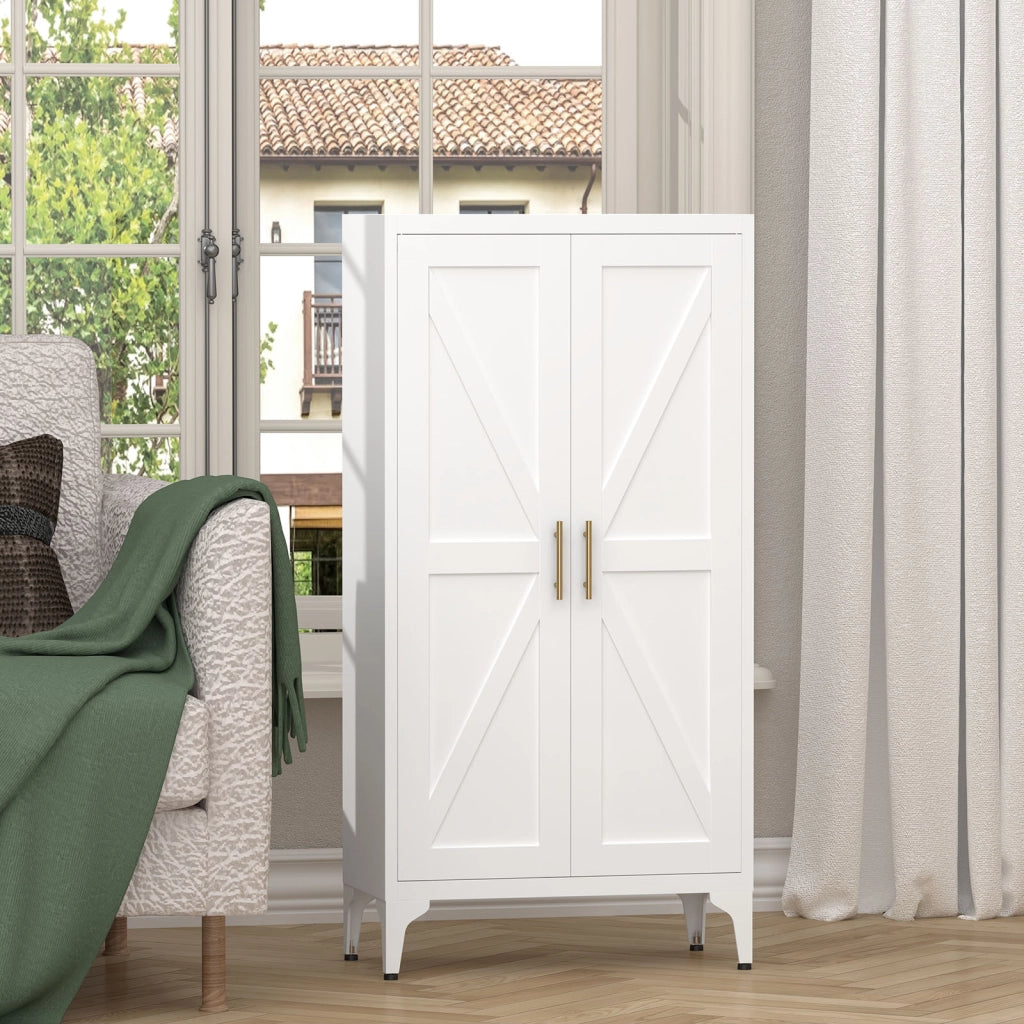 Mobile contenitore da cucina in metallo bianco con 2 ante 3 ripiani regolabili maniglie dorate e piedini regolabili