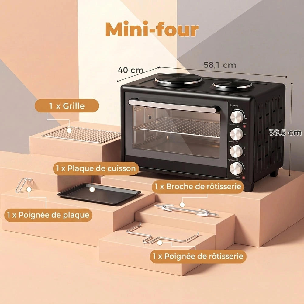Mini Forno Elettrico Ventilato 46L 1800W con 2 Piastre di Cottura e Girarrosto Fornetto Multifunzione con Timer Salvaspazio Nero