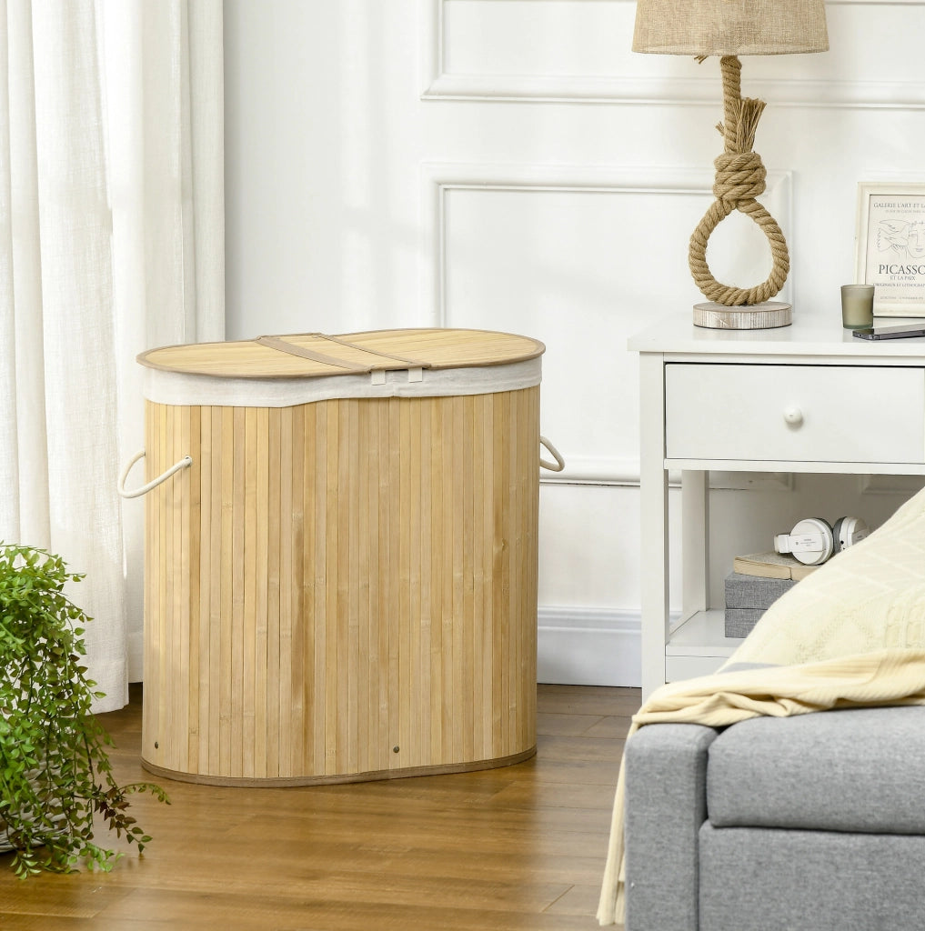 Portabiancheria in bambù naturale con 2 scomparti e coperchi, 100 L