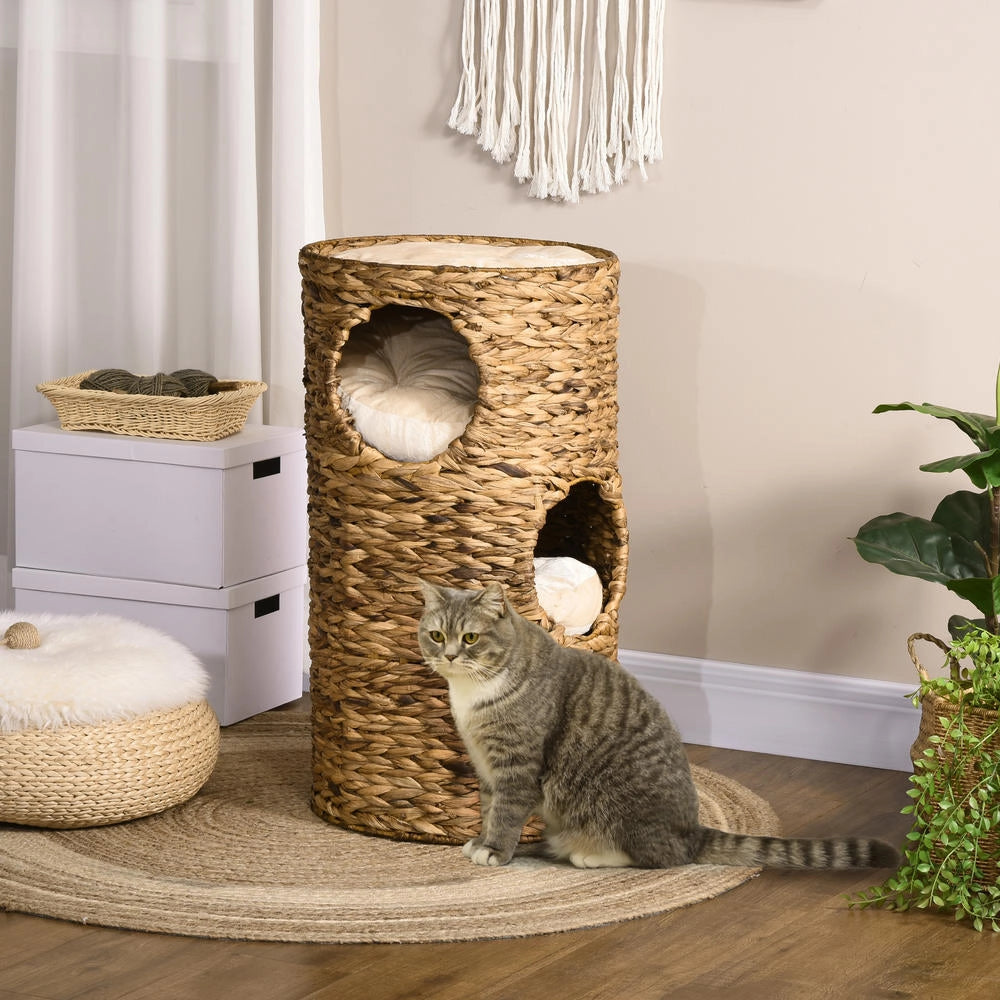 Torre Tiragraffi per Gatti a 3 Livelli Cuccia con Cuscini Stile Boho 40 cm x 40 cm x 73 cm Marrone Chiaro e Bianco Crema