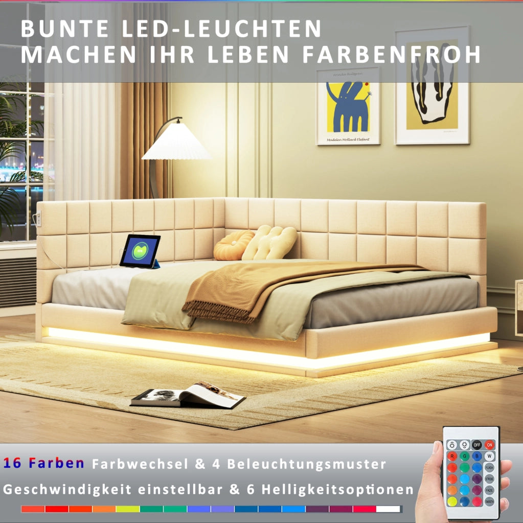 Divano Letto Imbottito 140x200 cm con LED, Porta USB e Rete a Doghe, Beige in Lino