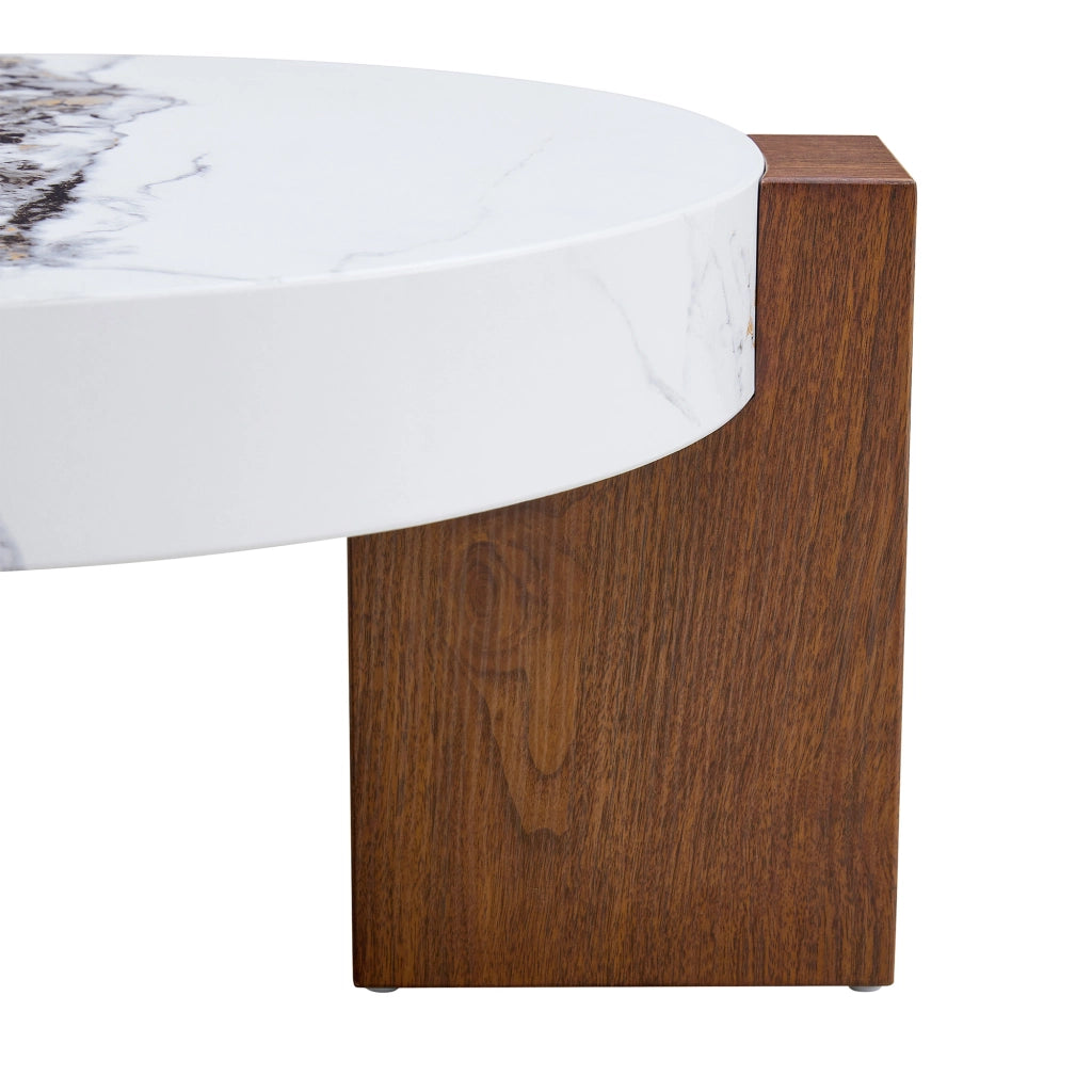 Set di tavolini da salotto rotondi separabili a due livelli in MDF effetto noce vetro trasparente bianco marmo