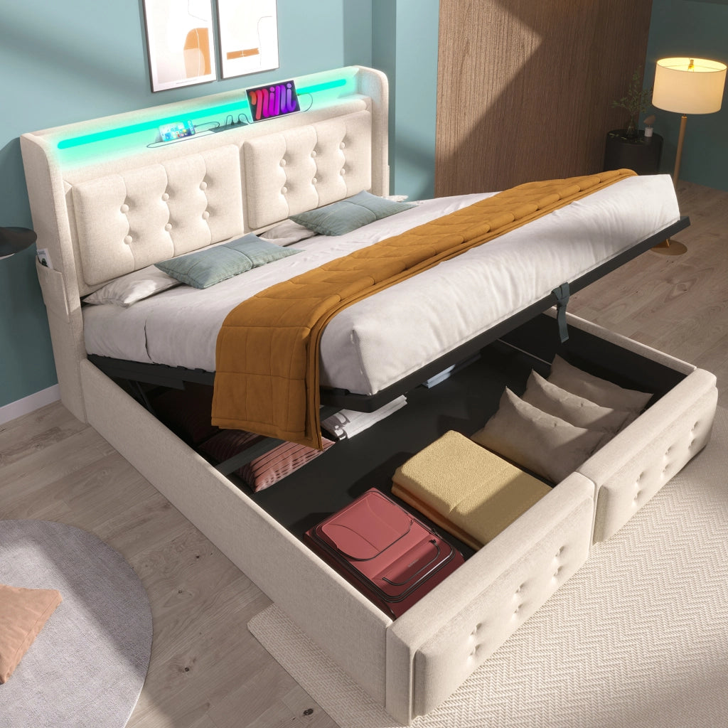 Letto matrimoniale beige 180x200 cm con testiera imbottita in cotone, struttura in legno e metallo, funzione di ricarica USB-C e illuminazione LED, portata 300 kg (senza materasso)