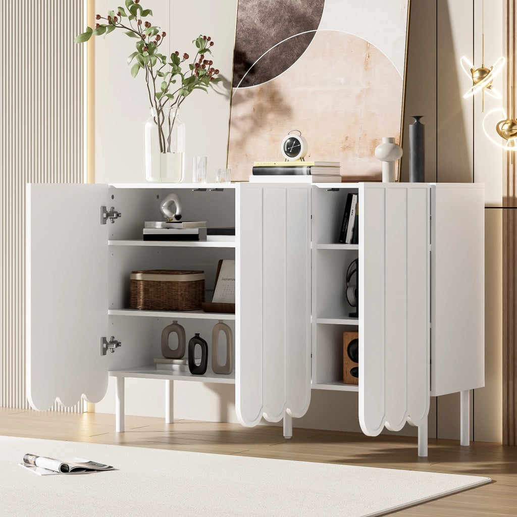 Credenza 120 × 35 × 80 cm con ante ondulate e ripiani regolabili in MDF bianco con sistema rebound e gambe regolabili