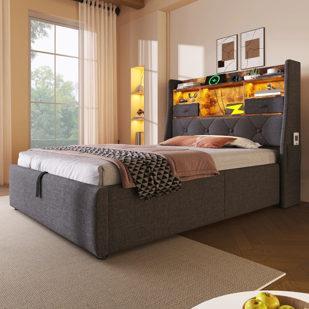 Letto singolo contenitore 90 × 200 cm in lino grigio con testiera LED e ricarica USB Type C
