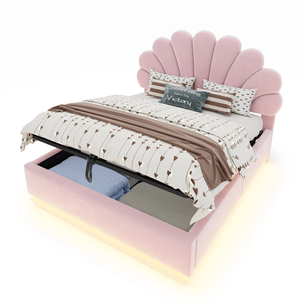 Letto contenitore 90 ¡Á 200 cm con LED e testiera a fiore rivestita in velluto beige struttura in metallo