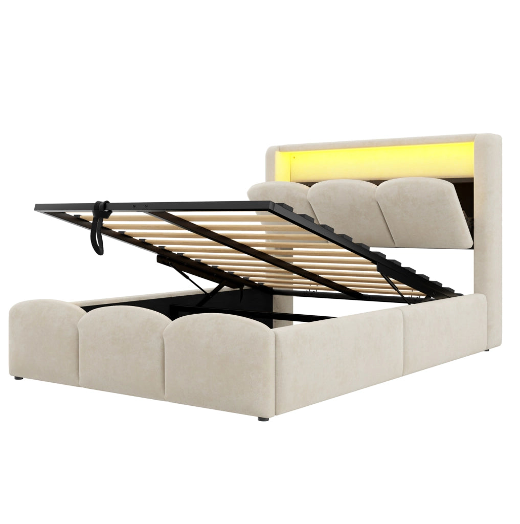Letto singolo imbottito IVMEU 90x200 cm con contenitore idraulico, LED e prese USB e Type-C, velluto beige