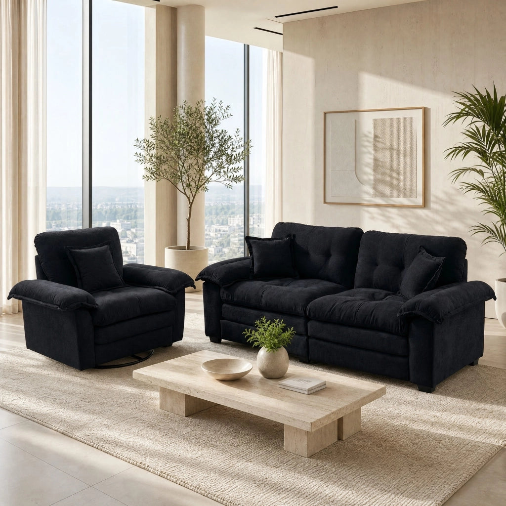 Divano 2 pezzi in ciniglia nera 213,4x90,1x87,6 cm, seduta profonda con cuscini