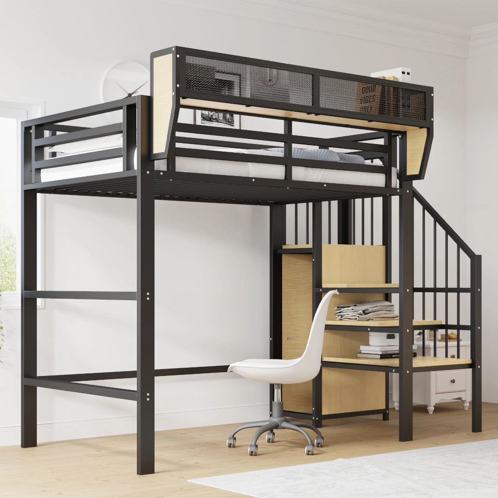 Letto a soppalco in metallo 90x200 cm con scala di sicurezza e ripiano modulabile, colore nero