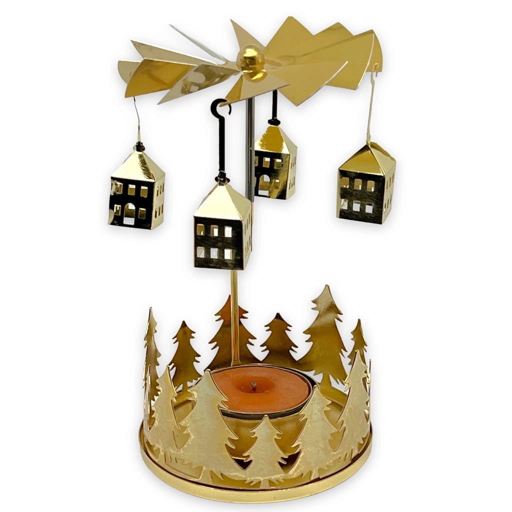 Portacandele a forma di piramide, in metallo, girevole, mini, 13,5 cm, color oro