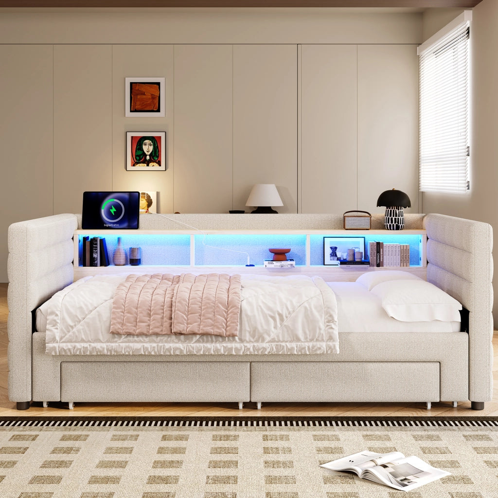 Letto singolo estraibile 90 × 190 cm in velluto beige con LED USB tipo C due cassetti e vani portaoggetti
