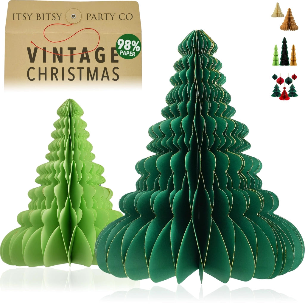 Alberi di Natale in carta, set da 2, colore verde, dimensioni 30x25 cm e 21,5x18 cm