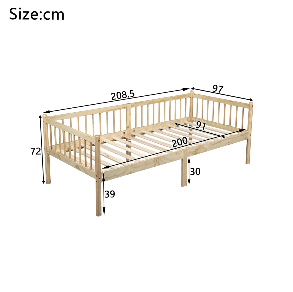 Letto giorno in pino 90x200 cm con ringhiera su 3 lati e 14 doghe, colore naturale