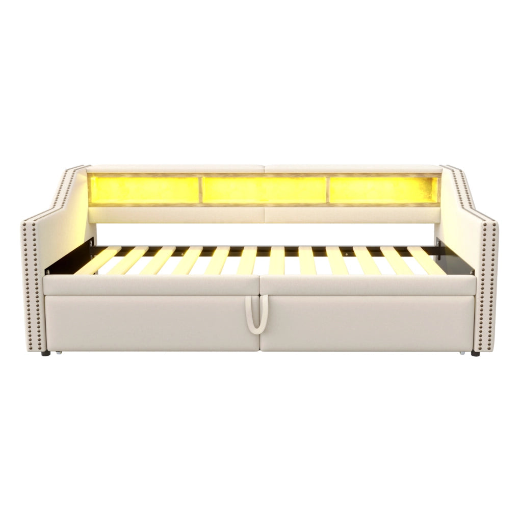 Divano Letto Estraibile 90/180 x 200 cm in Tessuto Beige con Luce LED, Porta USB e Rete a Doghe