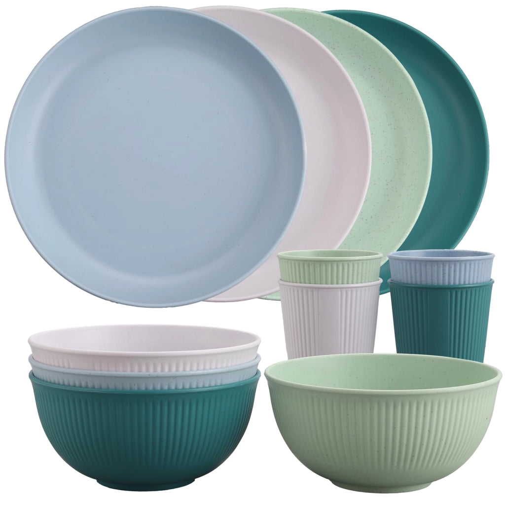 Set di stoviglie da campeggio per 4 persone, composto da 12 pezzi, infrangibili, in plastica PP