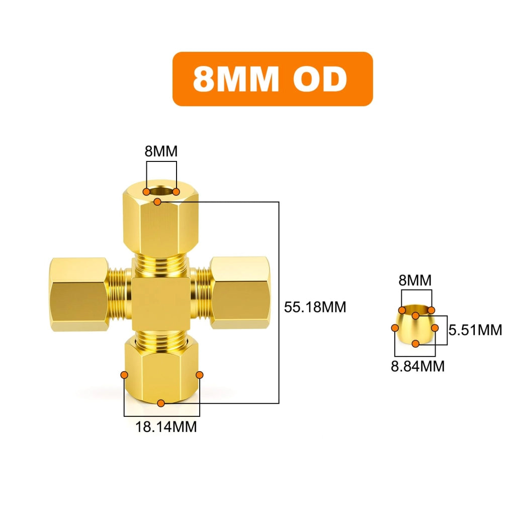 Raccordo a croce in ottone, 4 vie, 8 mm, a compressione