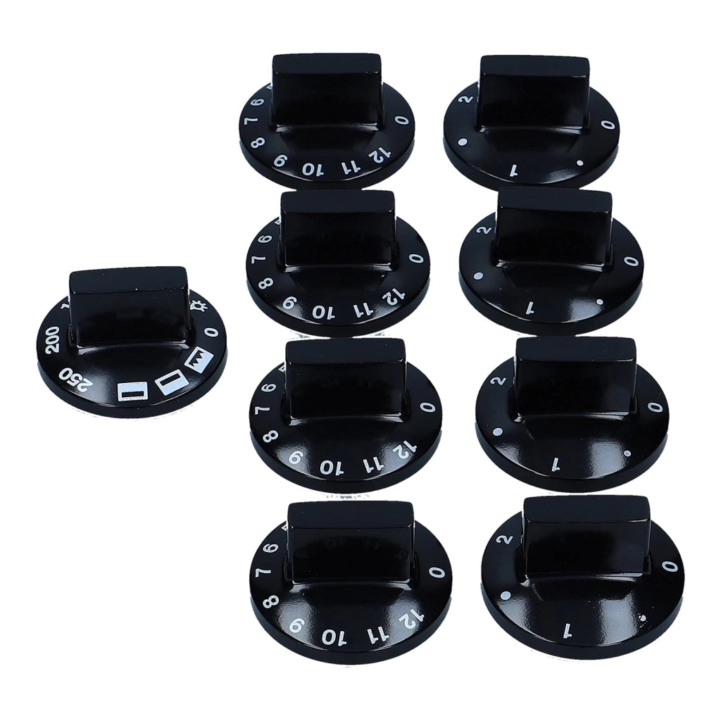 Set di 9 elementi per manopole, colore nero, diametro 52 mm, materiale plastico, asse da 6/4,6 mm