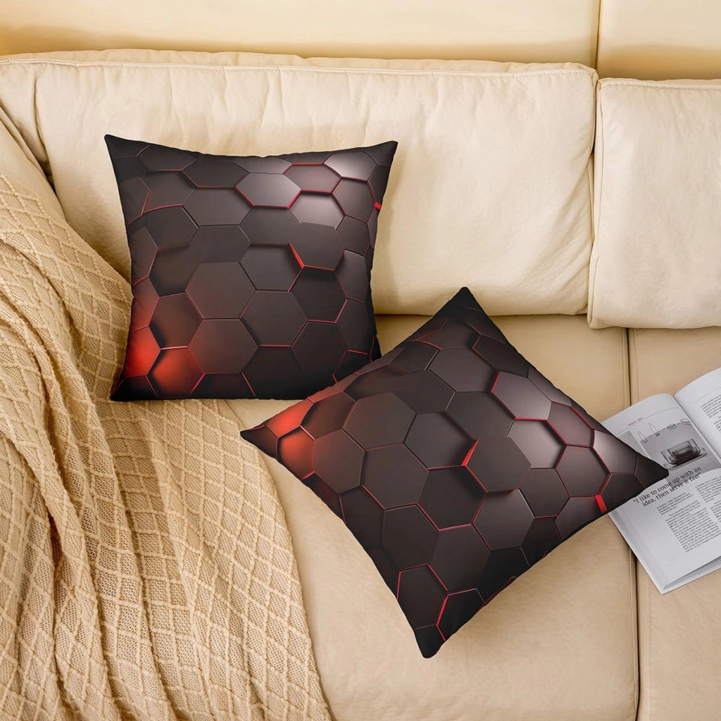 Set di 2 federe per cuscini, 40x40 cm, colore rosso e nero, motivo a nido d'ape, in poliestere