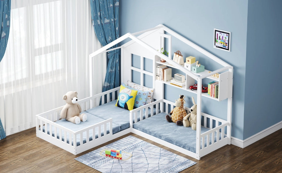 Letto per bambini a casetta 90x200 cm con ripiani e sponde; in MDF; bianco
