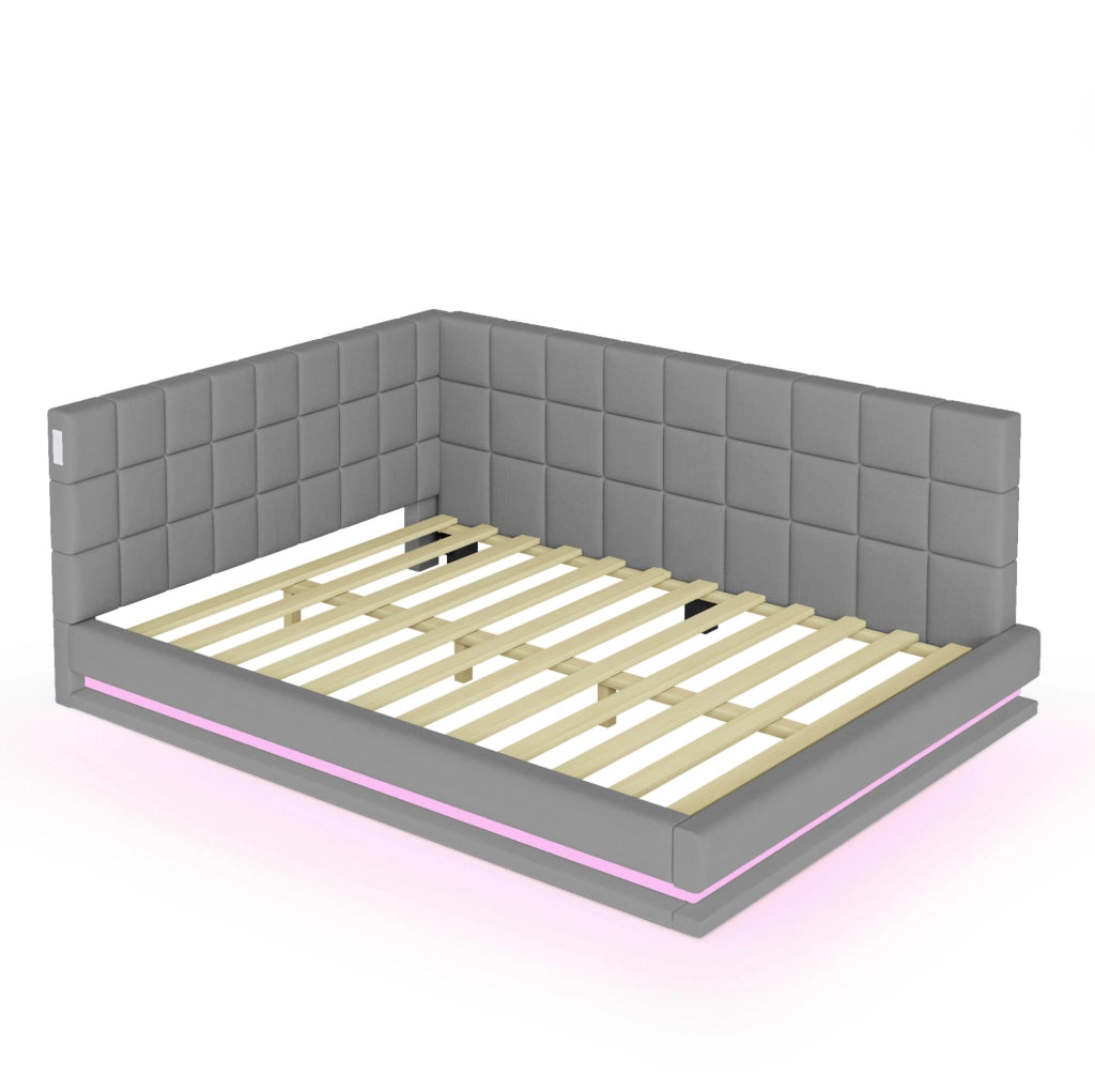 Divano Letto 160x200 in Lino con LED, USB e Rete a Doghe, Grigio