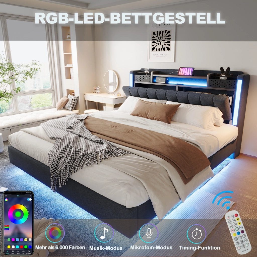 Letto matrimoniale imbottito 160 × 200 cm con LED e USB testiera contenitore rete a doghe tessuto di lino grigio