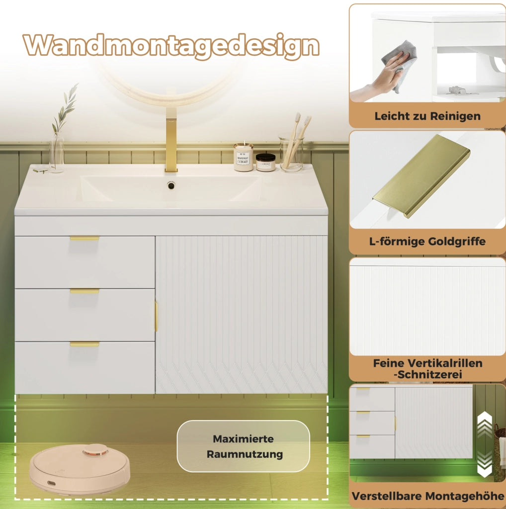 Mobile bagno sospeso 76 cm con lavabo, illuminazione regolabile, bianco