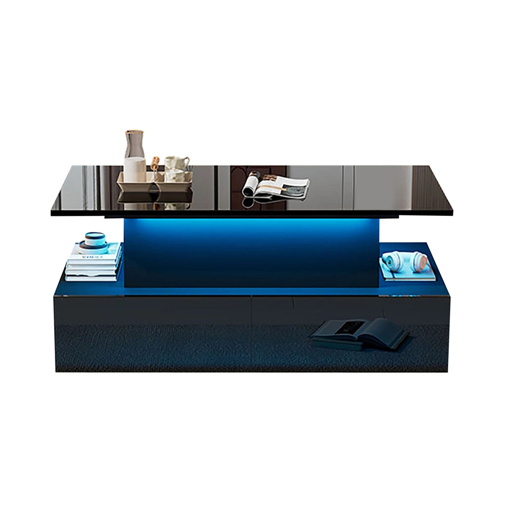 Tavolino da caffè LED 90x55x41 cm nero in truciolare con 4 cassetti