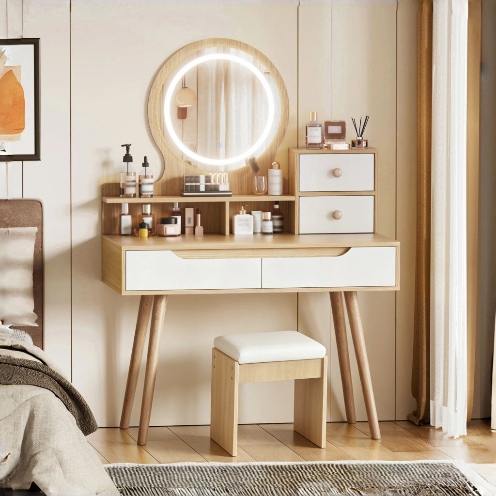 Toeletta con specchio e illuminazione LED regolabile; sgabello imbottito; 2 cassetti e vani; MDF effetto legno naturale