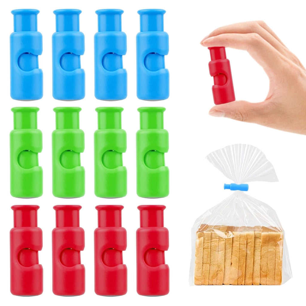 Set di 12 clip per chiudere sacchetti, in ABS/gomma, dimensioni 6x2,3x0,7 cm, colorate