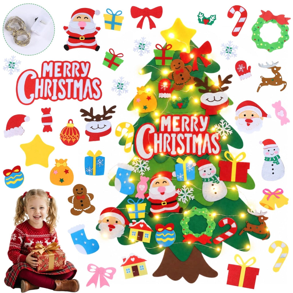 Albero di Natale in feltro per bambini, 100 cm, 32 pezzi, con catena di luci a LED
