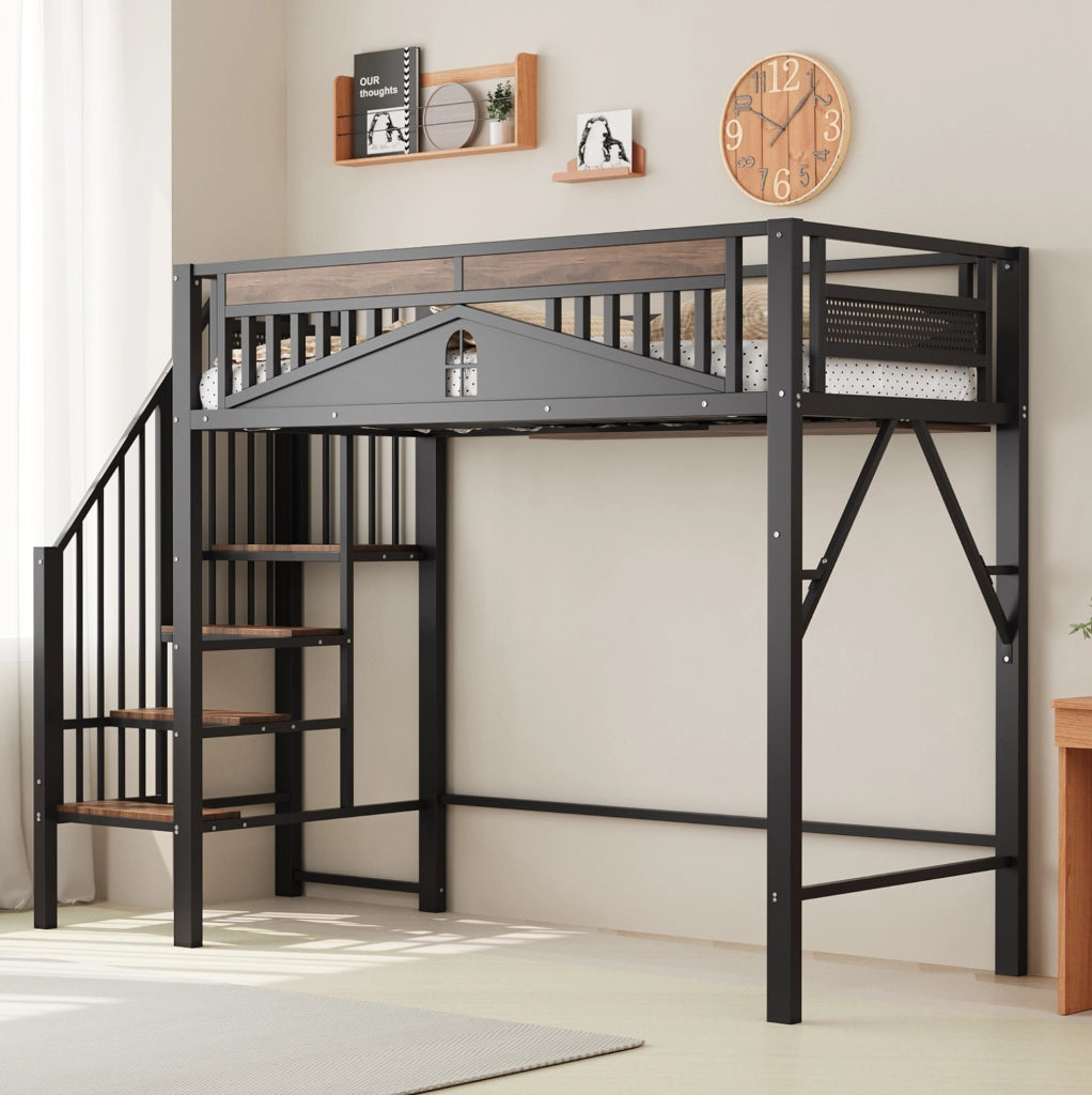 Letto a castello in metallo 90x200 cm con ringhiera di sicurezza e scaletta, nero