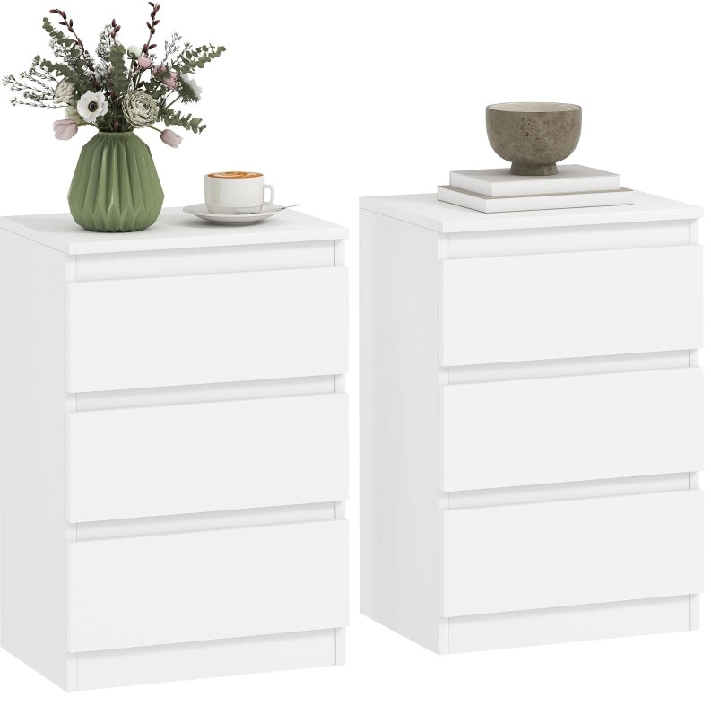 Set di 2 Comodini con 3 Cassetti, 40x30x59,5 cm, Bianco, per Camera da Letto e Soggiorno
