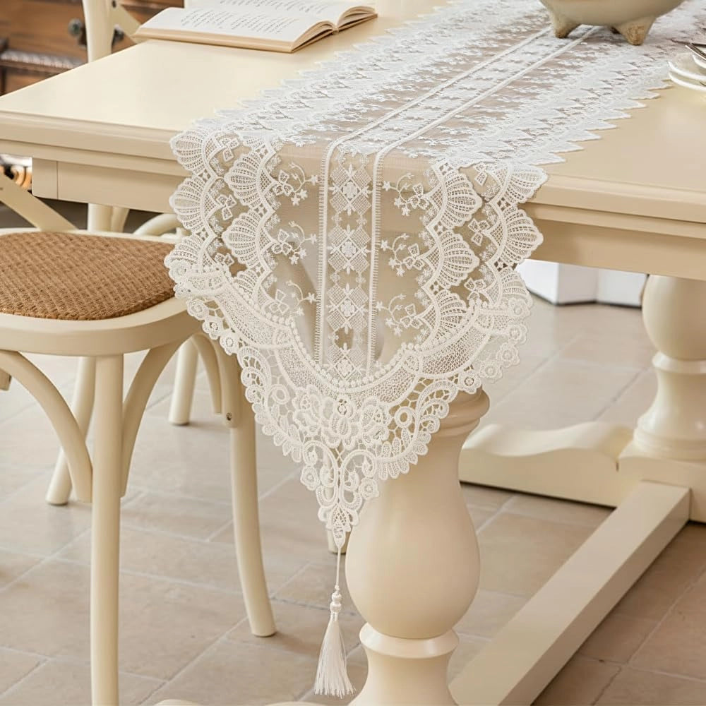 Tovaglia con pizzo e frange, 35x120 cm, bianca, in poliestere