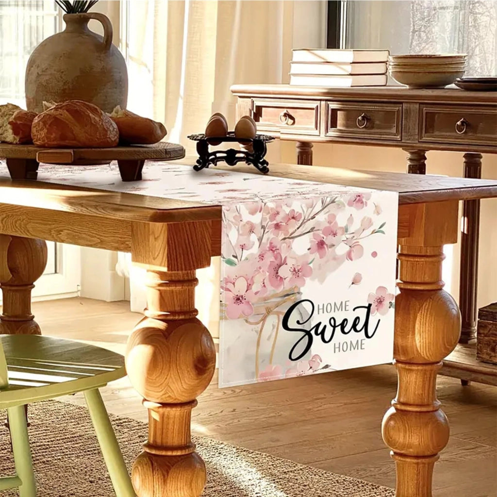 Tovaglia primaverile con motivo di fiori di ciliegio (sakura), 33x183 cm, in lino