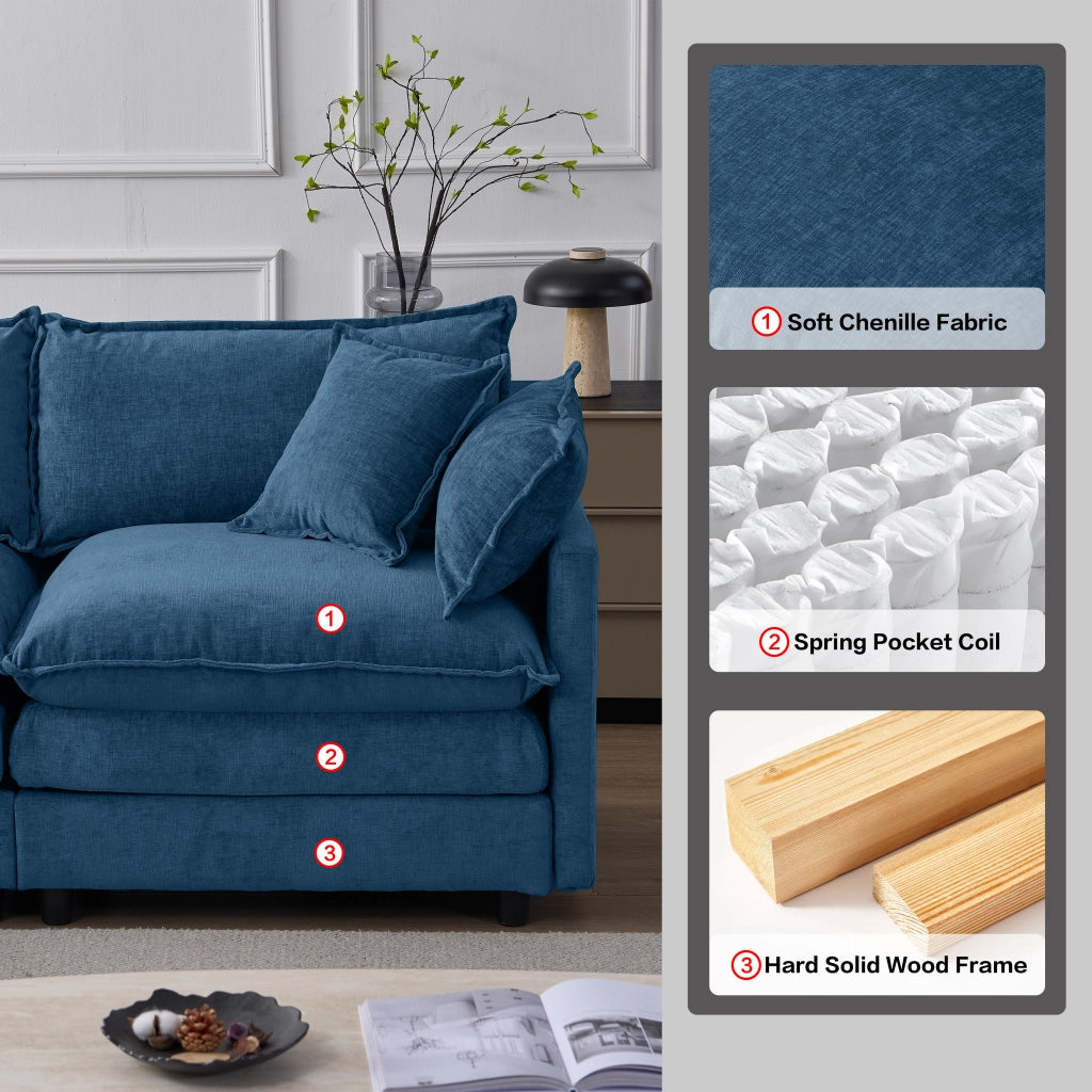 Divano angolare modulare a 3 posti con pouf mobile in ciniglia blu struttura in legno e cuscini sfoderabili