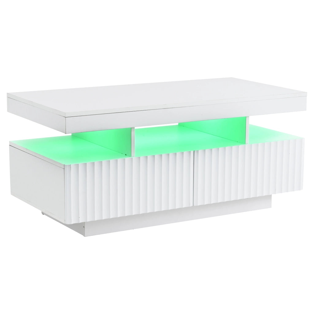 Tavolino da salotto bianco con due cassetti e illuminazione integrata