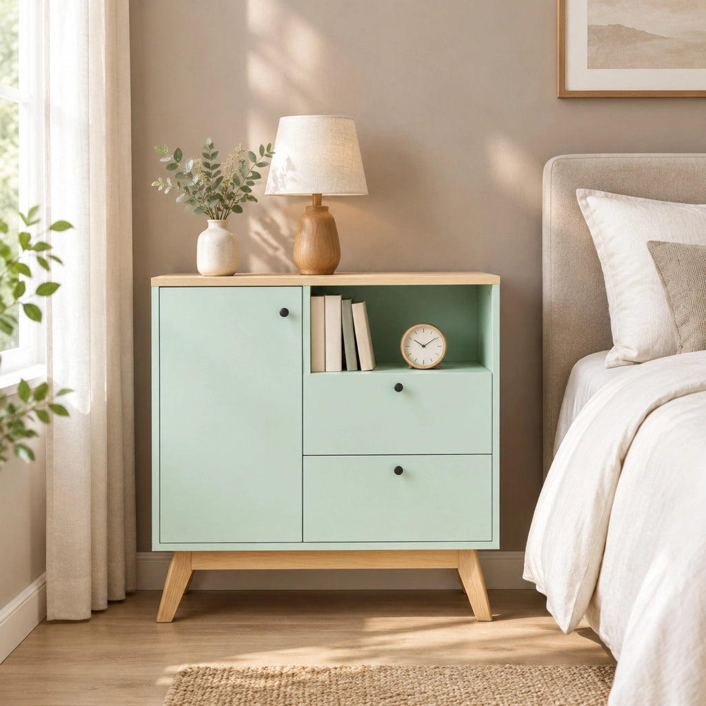 Credenza 80 × 35 × 76,3 cm con un'anta due cassetti vano aperto ripiano regolabile in MDF verde chiaro e rovere