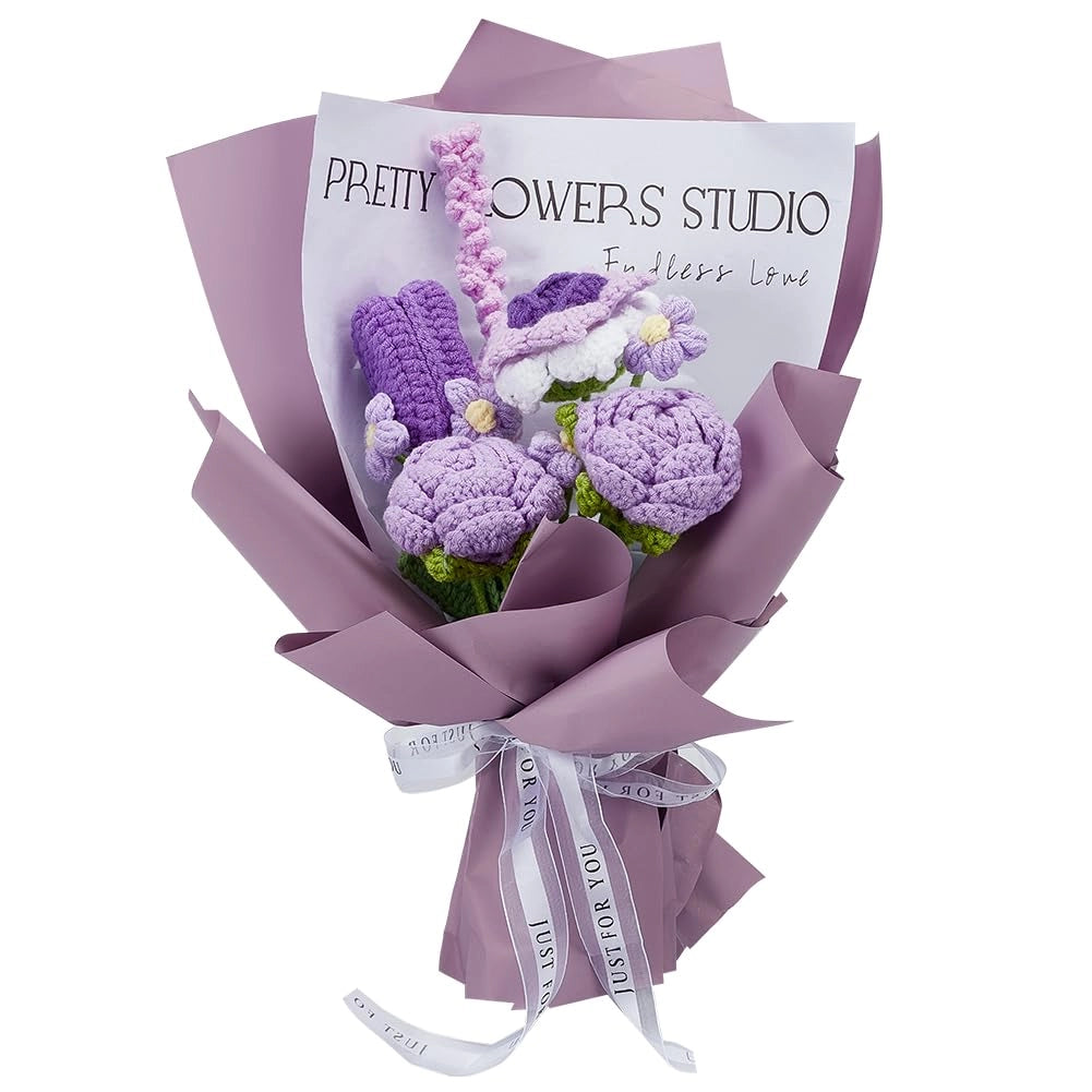 Set di fiori all'uncinetto, composto da 9 pezzi, color viola, realizzato a mano