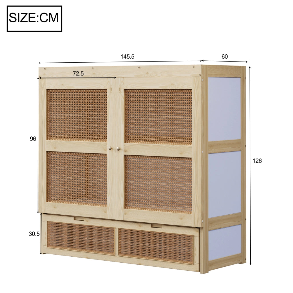 Letto a scomparsa verticale 140 × 200 cm con rete a doghe e cassetti in legno color naturale rattan