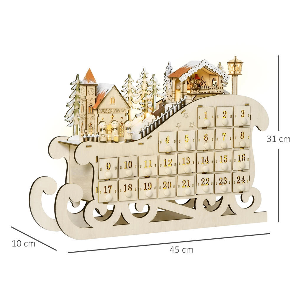 Calendario dell'Avvento in legno a forma di slitta con 10 LED bianco caldo e 24 cassetti, decorazione natalizia per casa