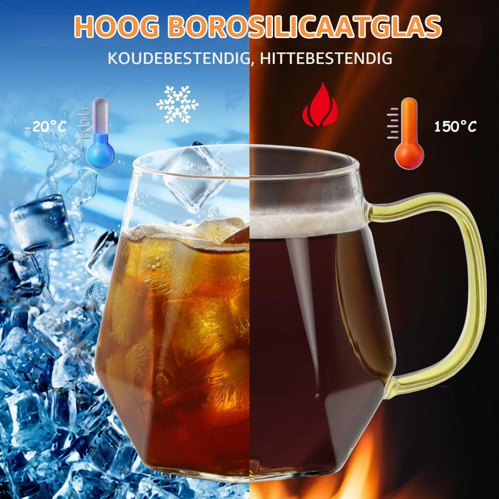 2 bicchieri per caffè da 300 ml, in vetro borosilicato, design a diamante, con manico