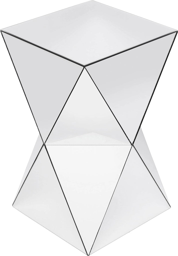 Tavolino a forma triangolare, con piano in vetro specchiato, dimensioni 54x32x32 cm