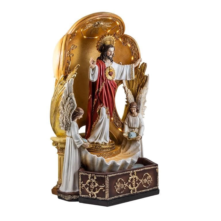 Fontana del Sacro Cuore con angelo, realizzata in resina, dipinta a mano, altezza 60 cm