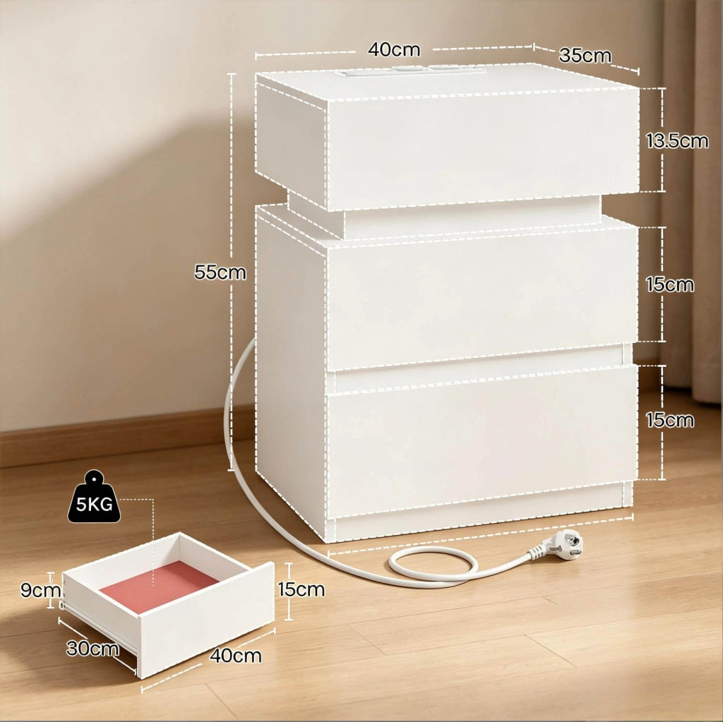 Comodino con LED regolabile; prese e USB; 2 cassetti; bianco 40x35x55 cm