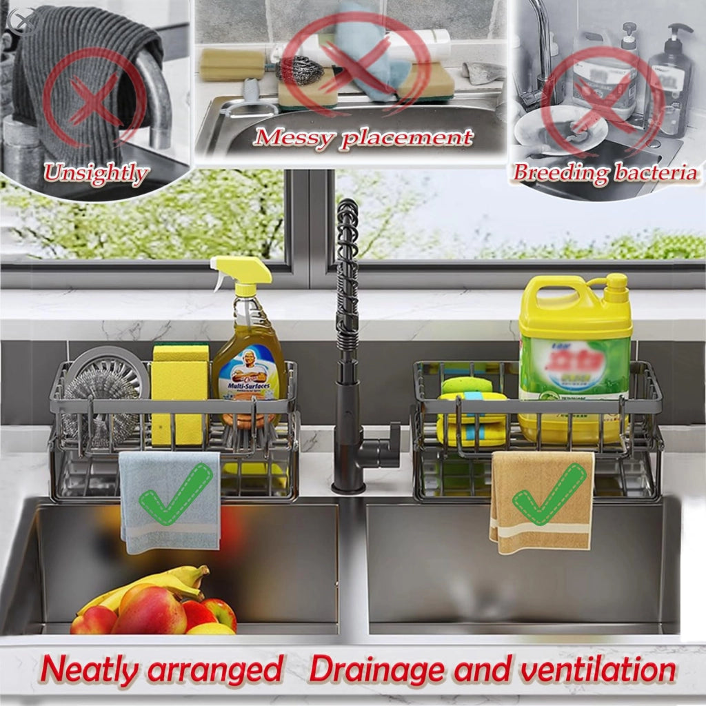 Organizer per lavello con vassoio autosvuotante per strofinaccio, portaspugna, accessori, organizzatore per lavello per cucina e bagno (Nero)